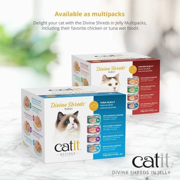 Catit Divine Shreds Chicken with Mackerel & Broccoli in Jelly Canned Cat Food Topper 4-Pack