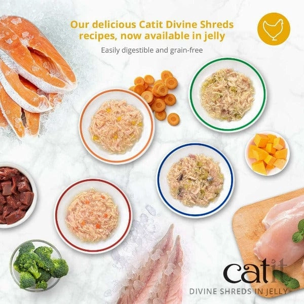 Catit Divine Shreds Chicken with Mackerel & Broccoli in Jelly Canned Cat Food Topper 4-Pack