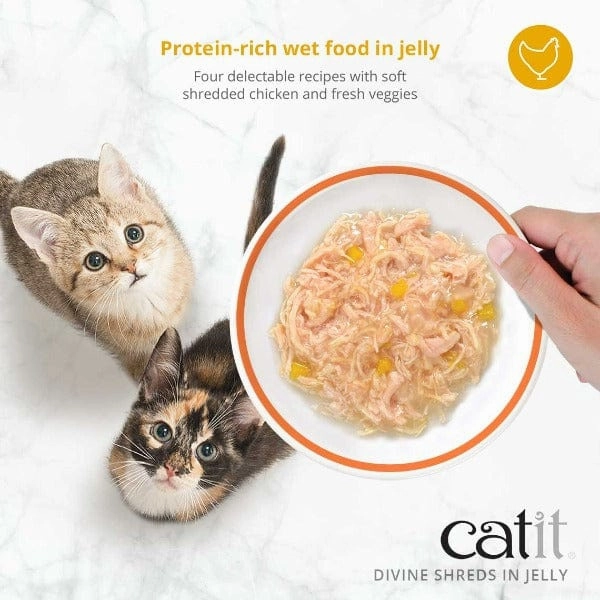 Catit Divine Shreds Chicken with Mackerel & Broccoli in Jelly Canned Cat Food Topper 4-Pack