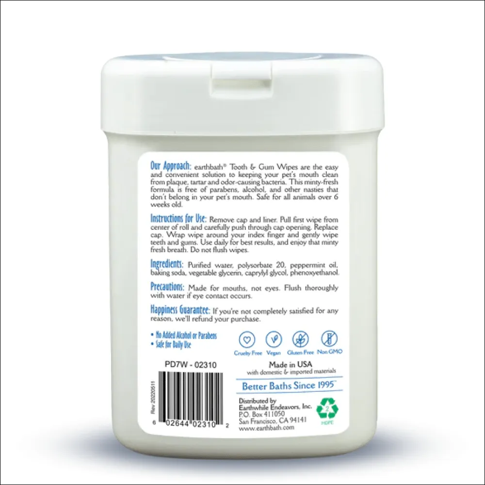EarthBath Peppermint Flavor Tooth & Gum Wipes for Dogs and Cats