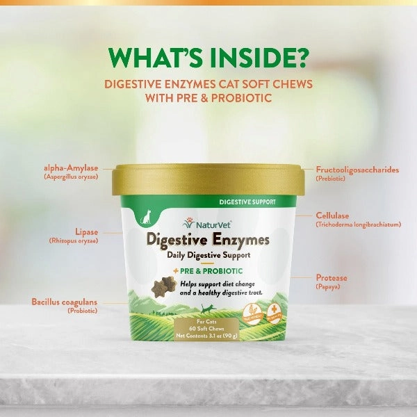 NaturVet Digestive Enzymes with Prebiotics & Probiotics Soft Chews for Cats