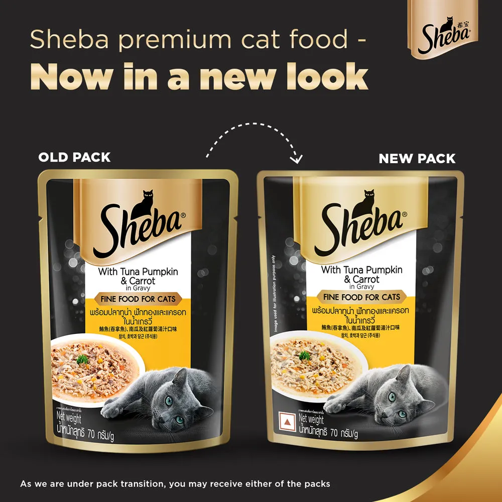 Sheba Tuna Pumpkin & Carrot In Gravy Rich Premium Adult Fine Cat Wet Food and Chicken All Life Stage Cat Dry Food Combo