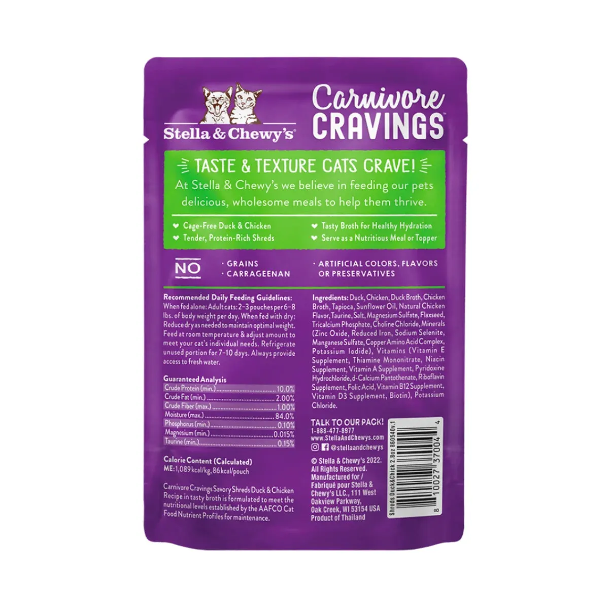 Stella & Chewy's - Carnivore Cravings Pouch For Adult Cats in Tasty Broth (Savory Shreds) - Duck & Chicken Recipe 2.8oz