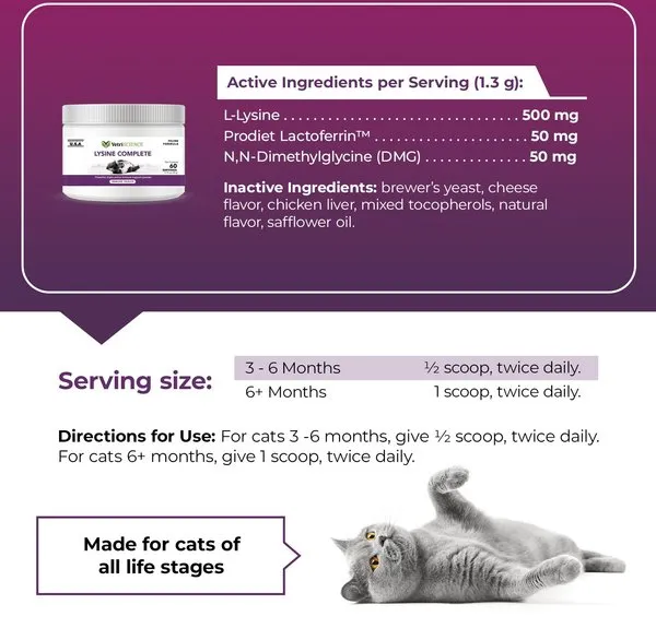 VetriScience Lysine Complete Creamy Chicken Flavor Triple-Action Immune Support Supplement for Cats