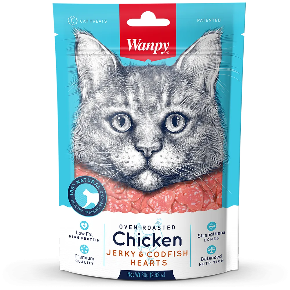 Wanpy Cat Oven-Roasted Chicken Jerky & Codfish Hearts 80g