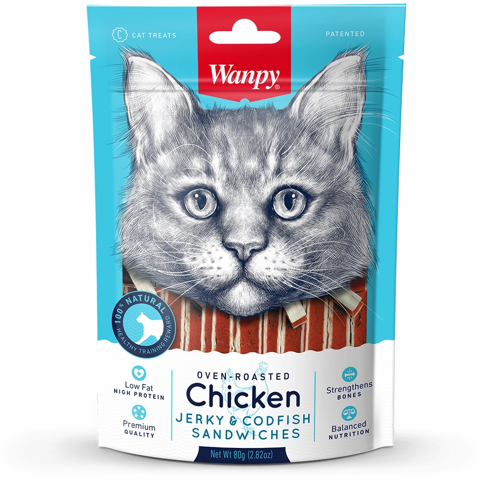 Wanpy Cat Oven-Roasted Chicken Jerky & Codfish Sandwiches 80g